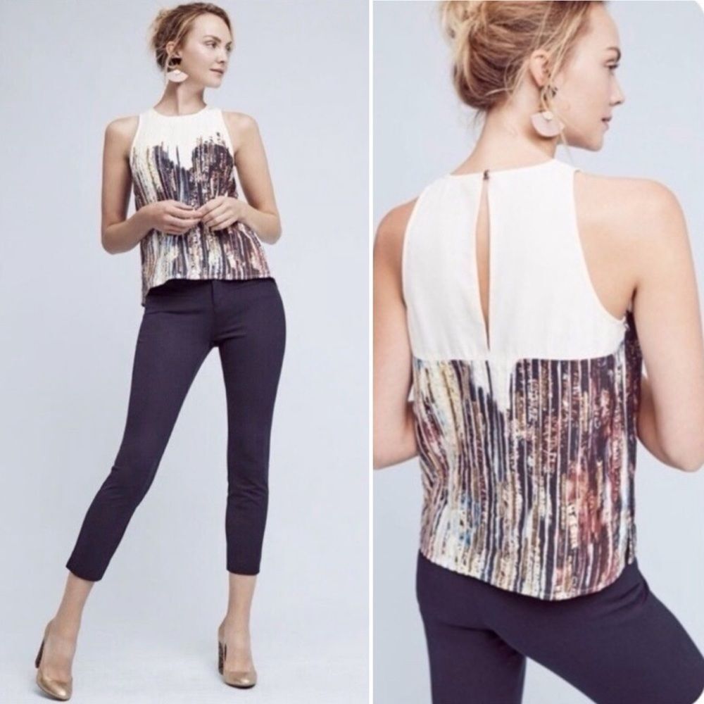 Floreat Anthropologie Abstract Pleated Sequin Tank Top Size 4